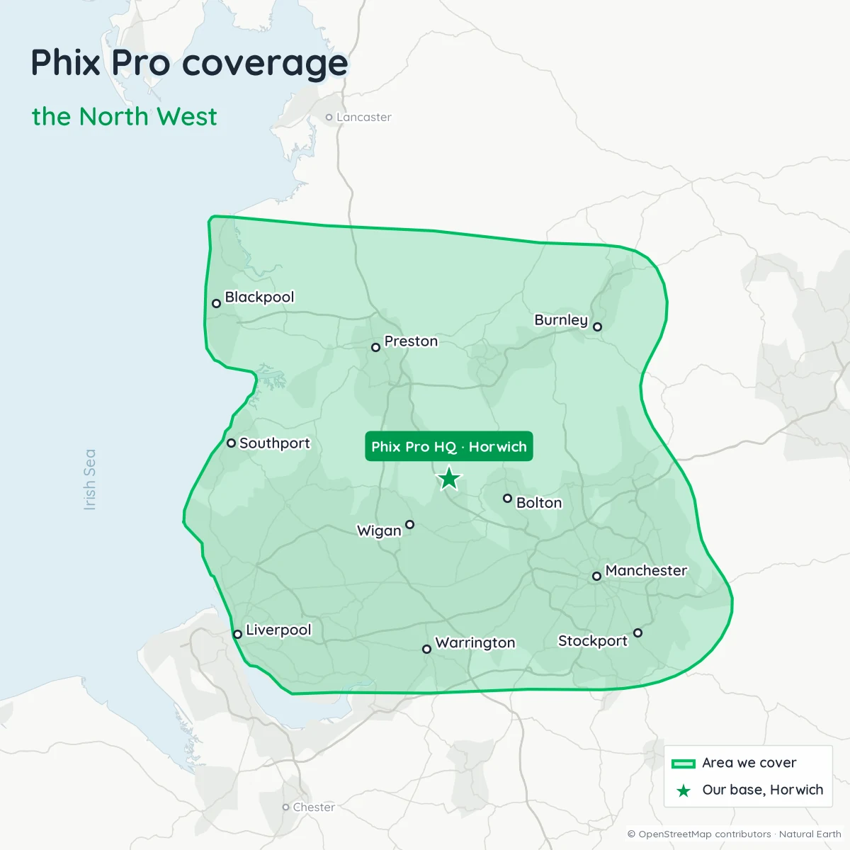 Map of the North West area covered by Phix Pro, based in Horwich