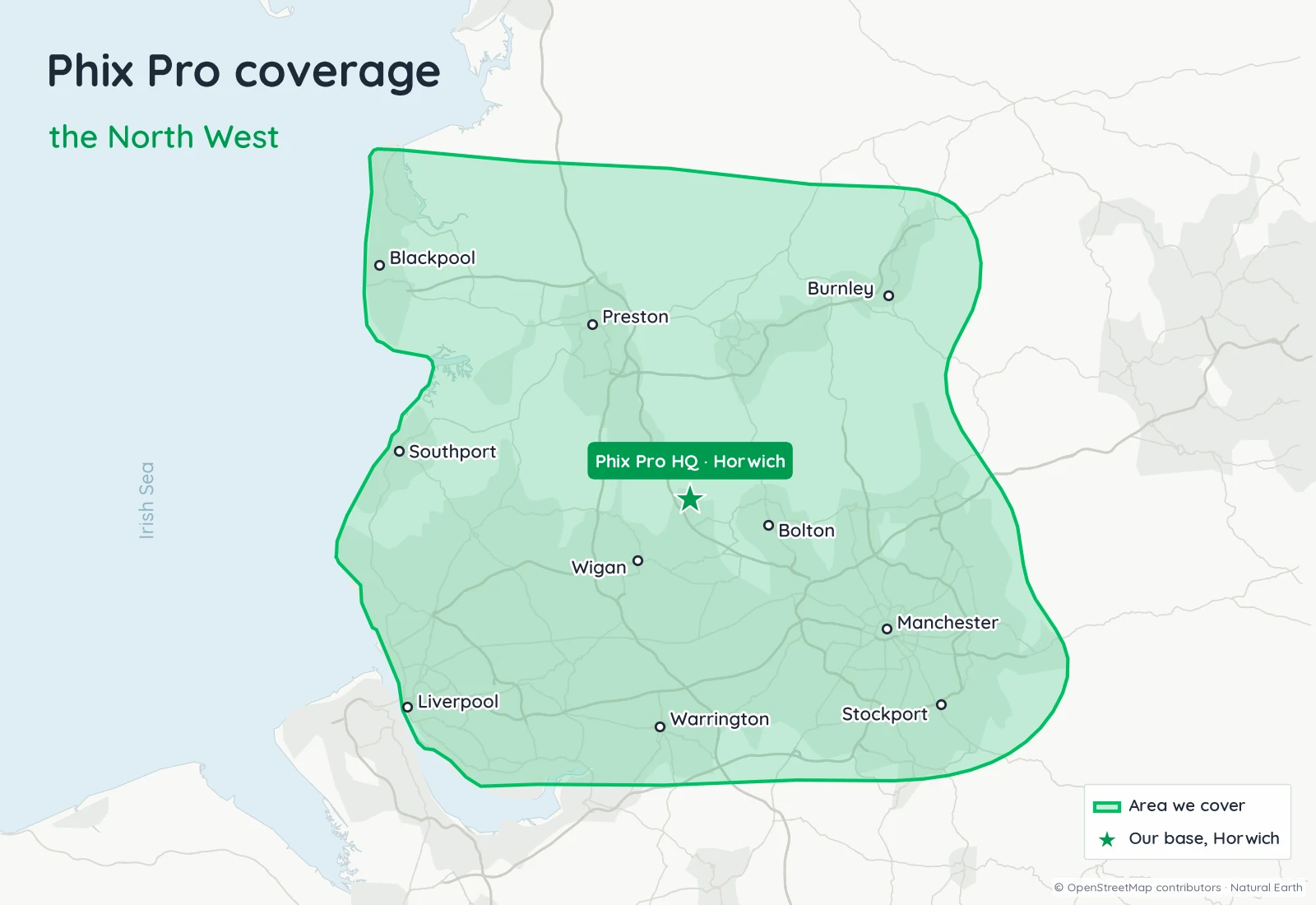 Map of the North West area covered by Phix Pro, based in Horwich